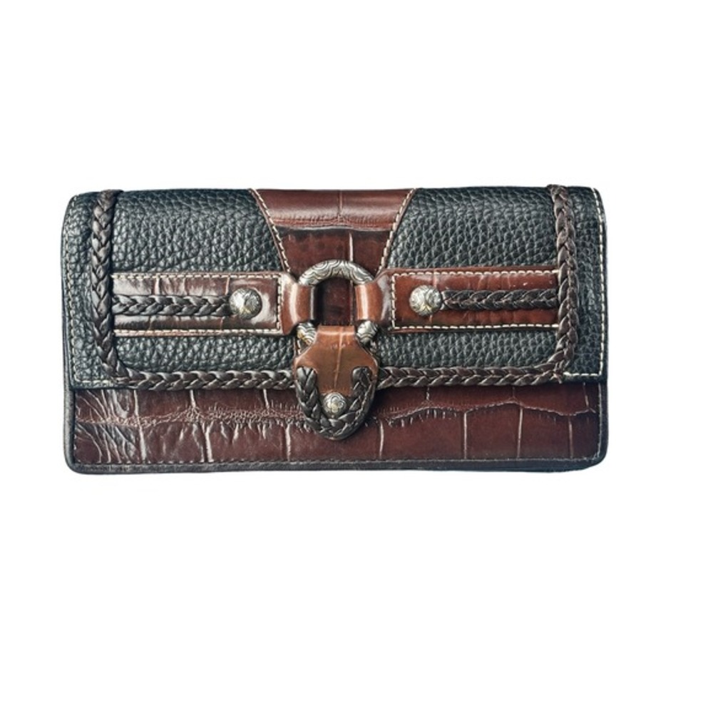 Brighton Croc Embossed‎ Leather Wallet Clutch Organizer Braided Trim Western